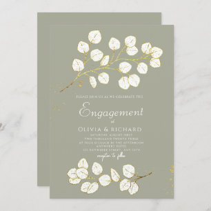 Sage Green Gold Eucalyptus Leaves Engagement Party Invitation