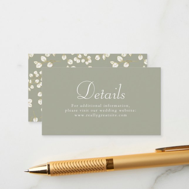 Sage Green Gold Eucalyptus Leaves Wedding Details Enclosure Card (Front/Back In Situ)
