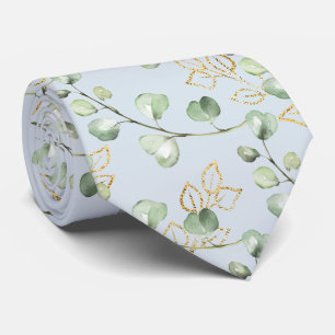 Sage Green & Gold Eucalyptus Light Blue Wedding Neck Tie