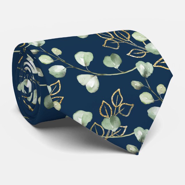 Sage Green & Gold Eucalyptus Navy Wedding Neck Tie (Rolled)