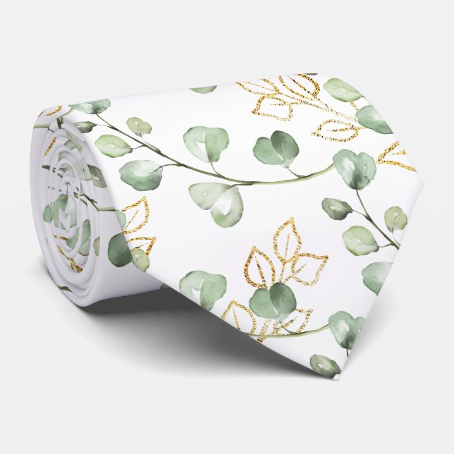Sage Green & Gold Eucalyptus White Wedding Neck Tie (Rolled)