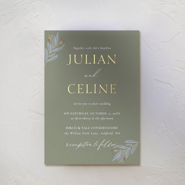 Sage Green Gold Fall Winter Greenery Wedding Foil Invitation (sage green wedding invitation gold minimal greenery modern classic simple elegant fall winter)