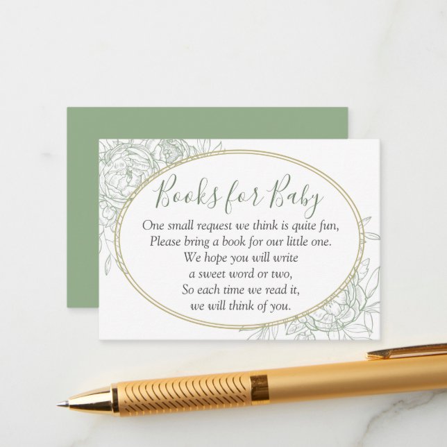 Sage Green & Gold Floral Baby Shower Book Request Enclosure Card (Front/Back In Situ)