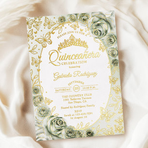 Sage Green Gold Floral Quinceanera Foil Invitation