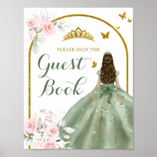 Sage Green Gold Floral Quinceañera Guest Book