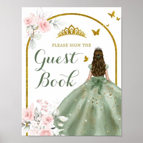 Sage Green Gold Floral Quinceaera Guest Book