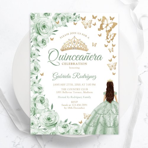 Sage Green Gold Floral Quinceanera Invitation