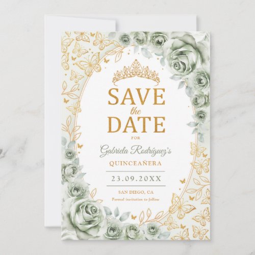 Sage Green Gold Floral Quinceanera Save The Date
