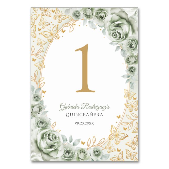 Sage Green Gold Floral Quinceanera Table Number (Front)