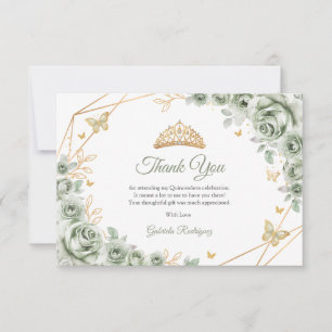Sage Green Gold Floral Quinceanera Thank You Card