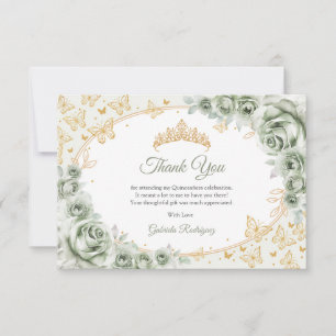 Sage Green Gold Floral Quinceanera Thank You Card