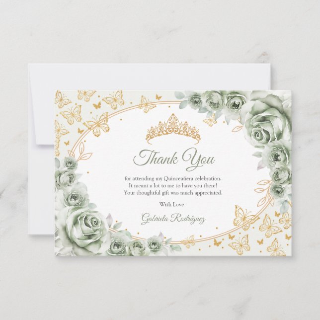 Sage Green Gold Floral Quinceanera Thank You Card (Front)