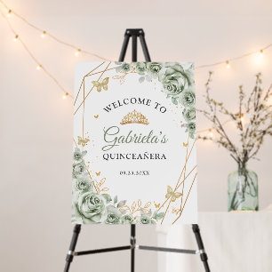 Sage Green Gold Floral Quinceanera Welcome Foam Board