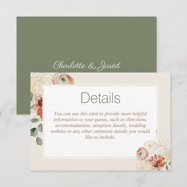 Sage Green Gold Floral Wedding Enclosure Card (Front/Back)