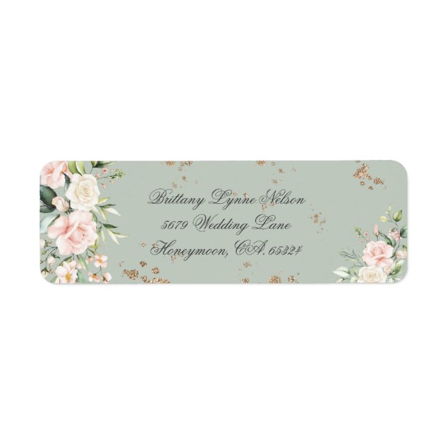 Sage Green Gold Floral Wedding Return Address Label (Front)
