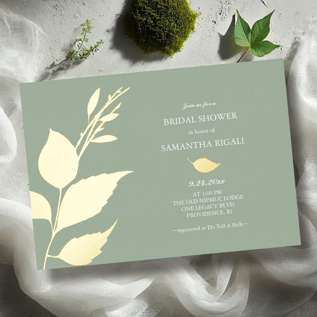 Sage Green Gold Foil Bridal Shower Invitations (Sage green bridal shower invitations feature gold foil leaves by Do Tell A Belle)