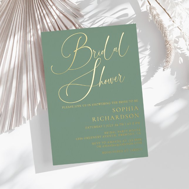 Sage Green Gold Foil Calligraphy Bridal Shower  Foil Invitation (Creator Uploaded)