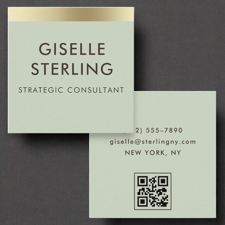 Sage Green Gold Foil Luxury QR Code Minimal Square Business Card