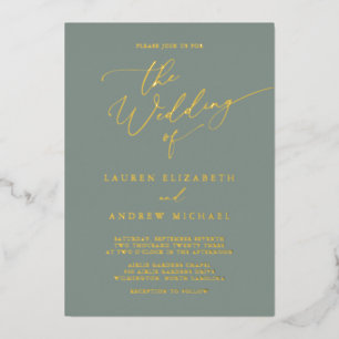 Sage Green Gold Foil Monogram Minimalist Wedding Invitation
