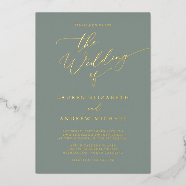 Sage Green Gold Foil Monogram Minimalist Wedding Invitation (Front)