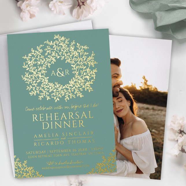 Sage green gold foil monogram rehearsal dinner invitation (Creator Uploaded)