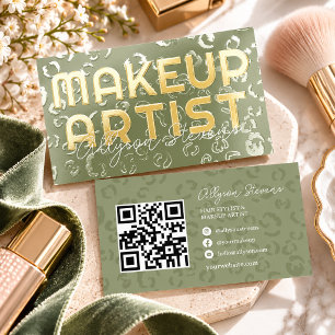 Sage Green Gold Foil Spot UV Makeup Artist QR Gloss Business Cards