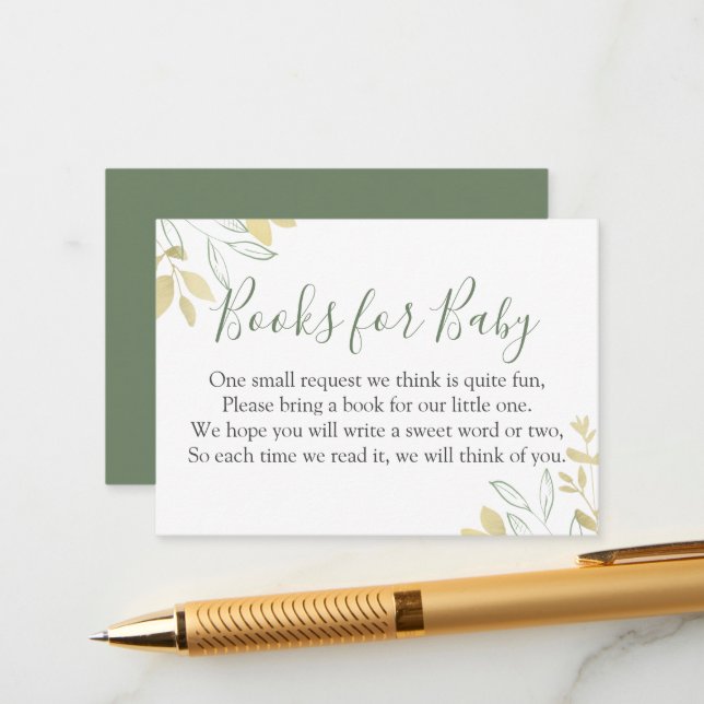 Sage Green & Gold Foliage Baby Shower Book Request Enclosure Card (Front/Back In Situ)