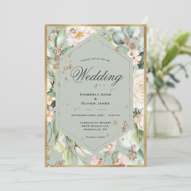 Sage Green Gold Frame Watercolor Floral Wedding Invitation (Standing Front)