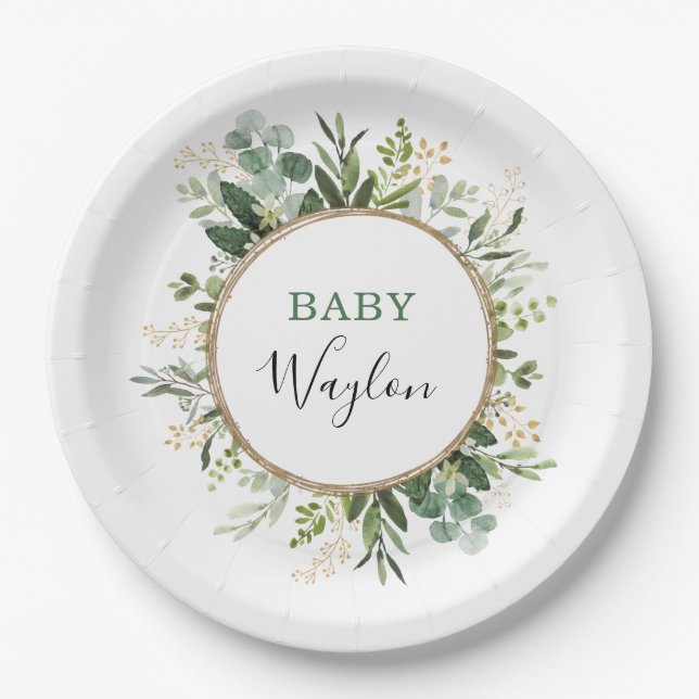 Sage Green Gold Garden Greenery Baby Shower Paper Plates (Front)