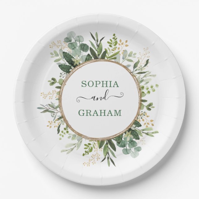 Sage Green Gold Garden Greenery Wedding Paper Plates (Front)