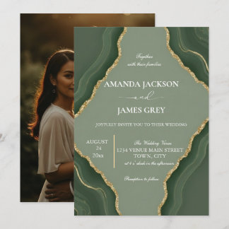 Sage Green Gold Geode Photo Back Wedding Invitation