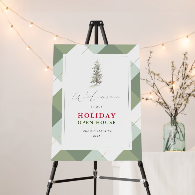 Sage Green & Gold Gingham Check Holiday Open House Foam Board (In Situ (Stand))