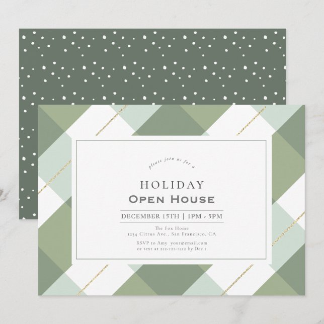 Sage Green & Gold Gingham Check Holiday Open House Invitation (Front/Back)