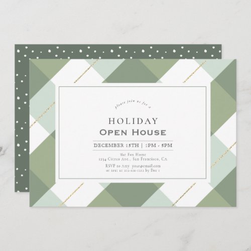 Sage Green  Gold Gingham Check Holiday Open House Invitation