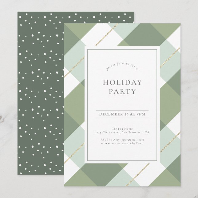 Sage Green & Gold Gingham Christmas Holiday Party Invitation (Front/Back)