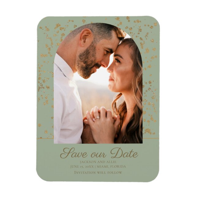 Sage Green Gold Glitter Arch Dome Photo Wedding   Magnet (Vertical)