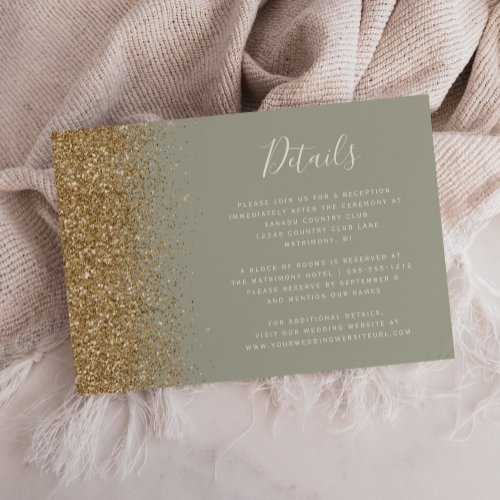 Sage Green Gold Glitter Edge Wedding Details Enclosure Card