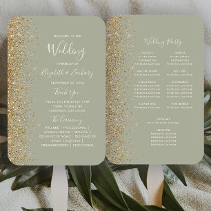 Sage Green Gold Glitter Edge Wedding Program Hand Fan