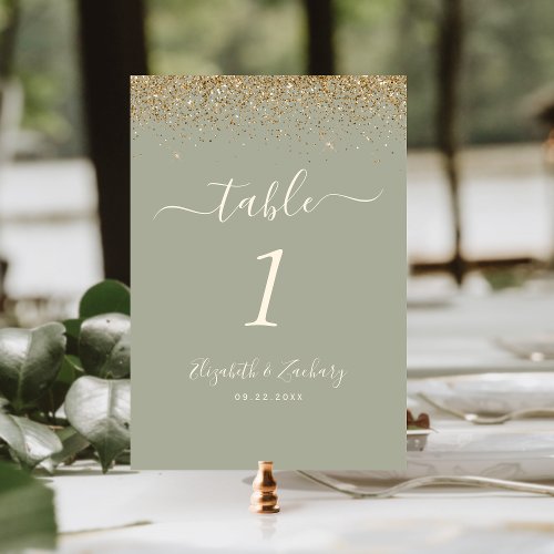 Sage Green Gold Glitter Edge Wedding Table Number