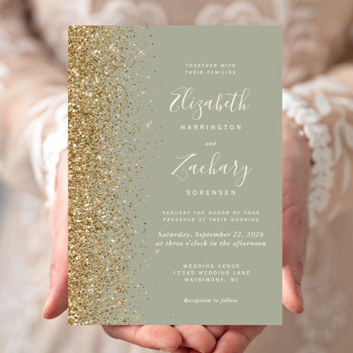 Sage Green Gold Glitter Wedding Invitation