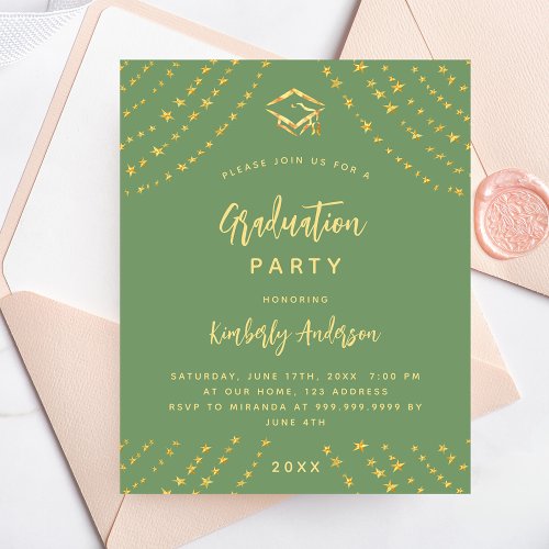 Sage green gold graduation party budget invitation flyer