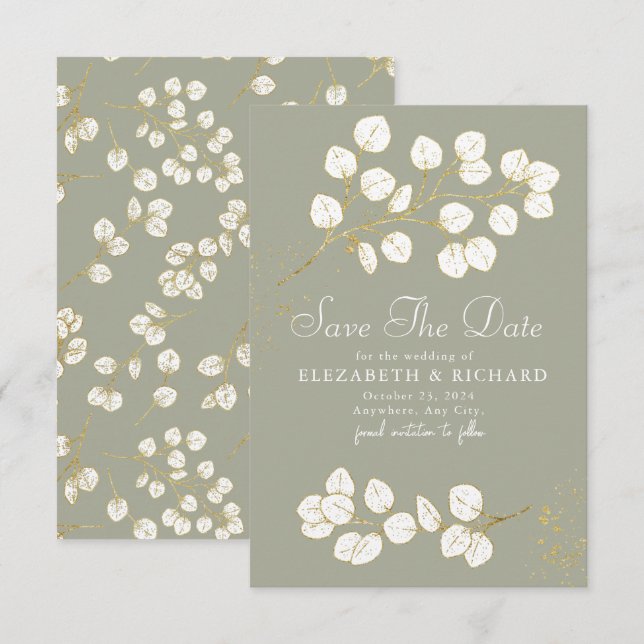 Sage Green Gold Greenery Eucalyptus Leaves Save The Date (Front/Back)
