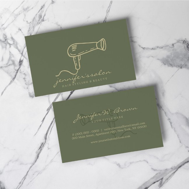Sage Green Gold Hair Dresser Salon Stylist Business Card
