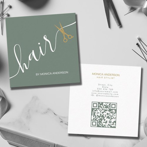 Sage Green Gold Hair Script Scissors QR Code Square Business Card