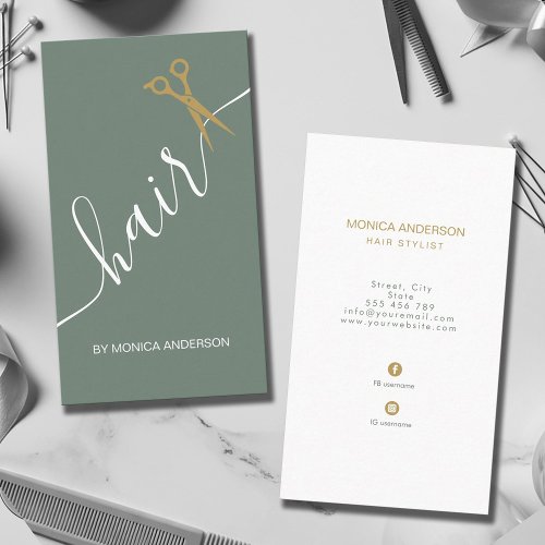 Sage Green Gold Hair Script Stylist Scissors Business Card