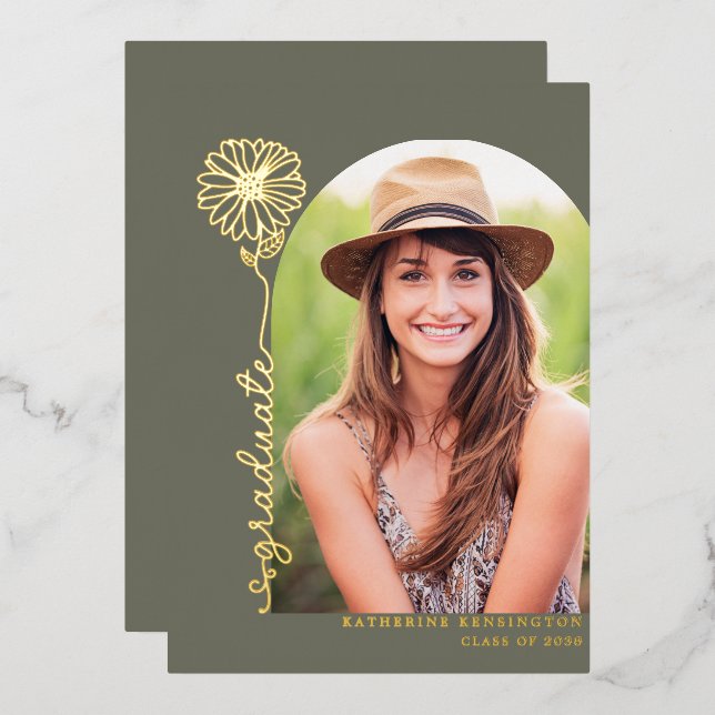 Sage Green Gold Handwritten Photo Graduation Foil Invitation (Front/Back)