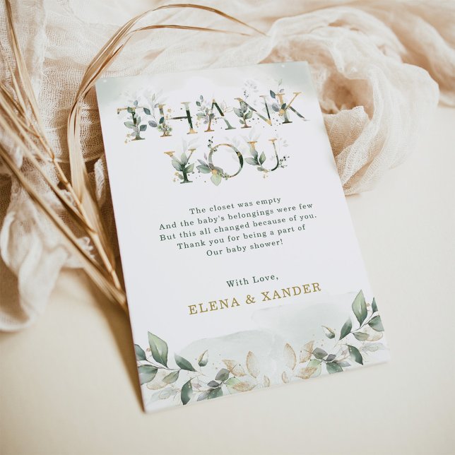 Sage Green Gold Leaves Baby Shower Thank You Card (Creator Uploaded)