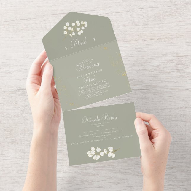 Sage Green Gold Leaves Greenery Wedding All In One Invitation (Tearaway)