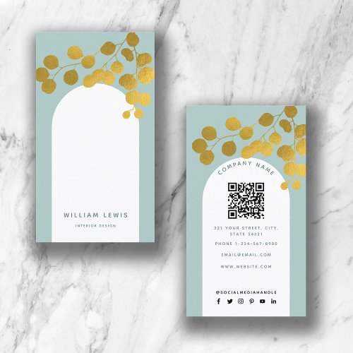Sage Green Gold Leaves Modern Arch QR Code  Business Card