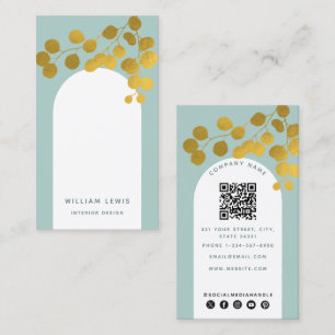 Sage Green Gold Leaves Modern Arch QR Code  Business Card